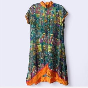 Flowy Vibrant Vintage Patterned Dress with Orange Accents